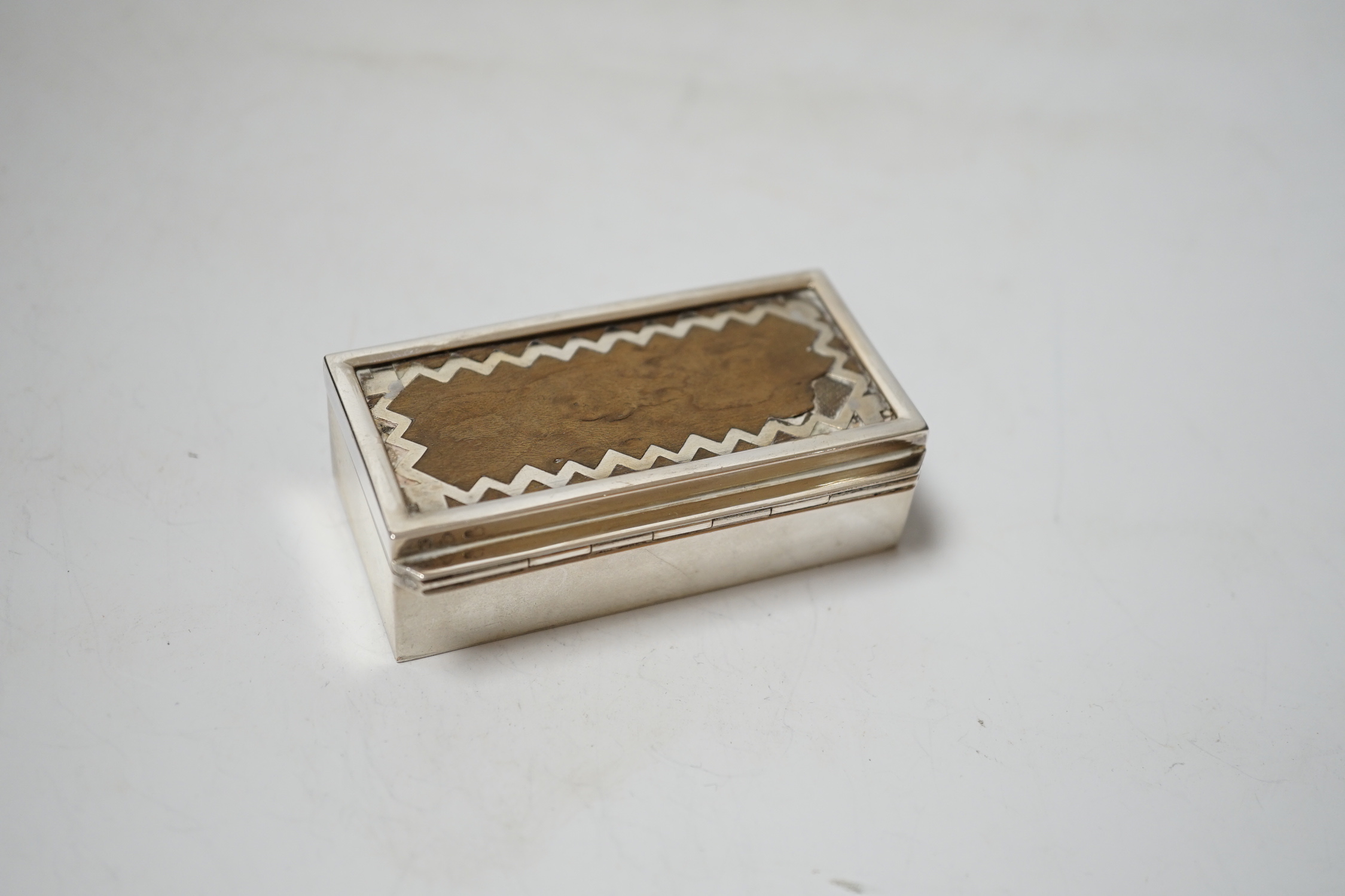 A continental white metal triple compartment rectangular stamp box(ex surmount?), 72mm.